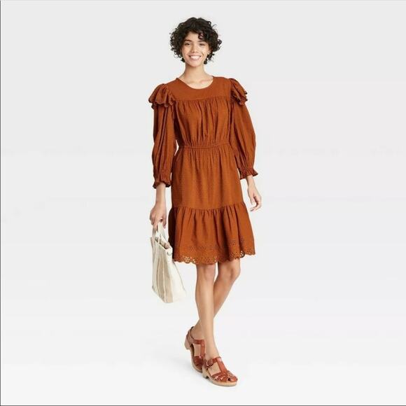 Universal Thread Cotton Peasant Dress Brown Size Medium - Picture 1 of 9